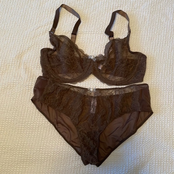 NWOT Victorias Secret Unlined Brown Lace Bra & Panty set 38D/XL​ - Picture 1 of 10